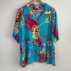 Mango Bay Floral Beaded Button Blouse Shirt Blue Women XL Rayon Bright Hawaiian